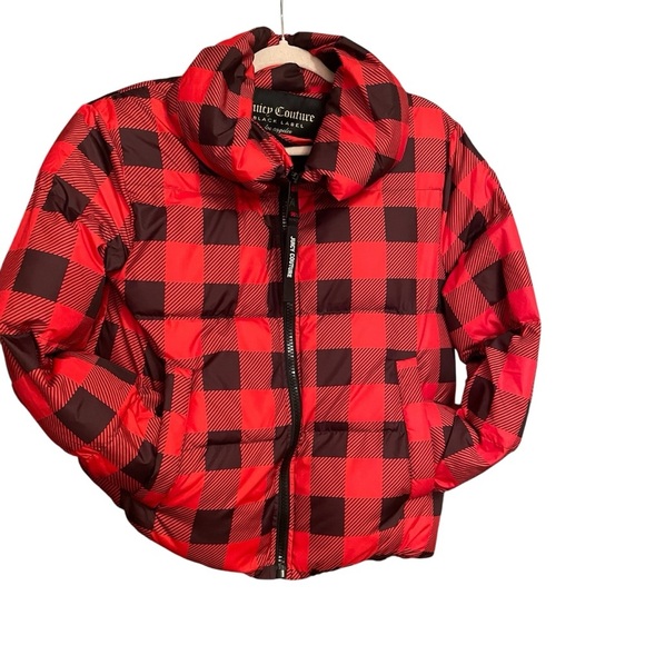 Juicy Couture Black Label Buffalo Red/Black Plaid FunnelNeck Puffer-Size Small - Picture 3 of 16